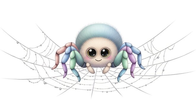 Cute cartoon spider with big eyes sits on a web with water droplets isolated on white background