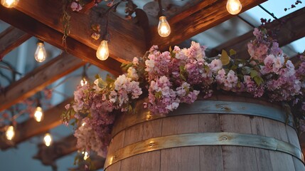 Twilight Pergola with String Lights and Blossoms