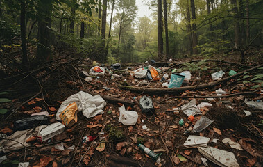 Garbage in the forest, Trash scattered on the ground in the forest, pollution
