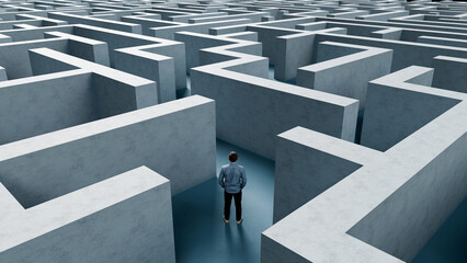 Man Standing in Middle of Endless Maze - Symbol of Confusion, Complexity, and Problem Solving 3D Render © BPawesome