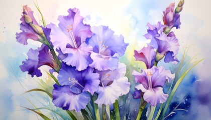 Watercolor painting of vibrant purple and lavender gladiolus flowers against a soft background