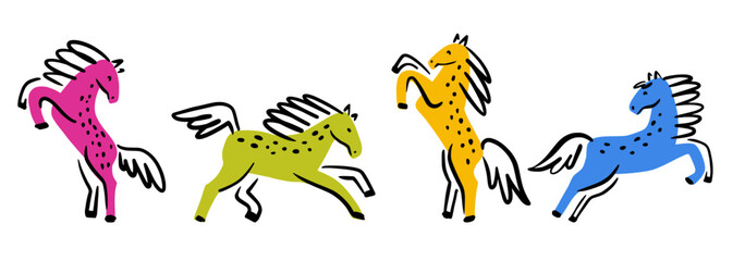 Vector horizontal collection of horses hand drawn in doodle style