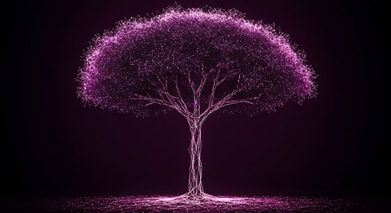 prismatic style illustration of a tree symbolizing big data science network, on a dark background with radiant pink tone