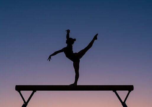 Silhouette of a gymnast performing on a balance beam against a colorful sunset sky. - Powered by Adobe