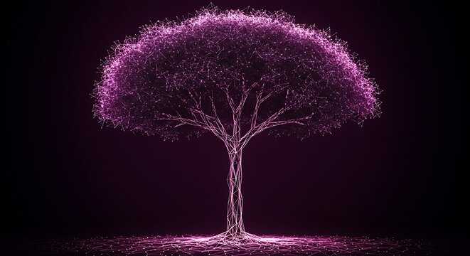 prismatic style illustration of a tree symbolizing big data science network, on a dark background with radiant pink tone