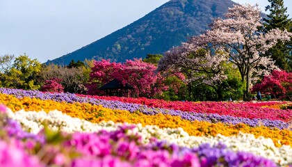 Colorful spring flower field with mountain backdrop