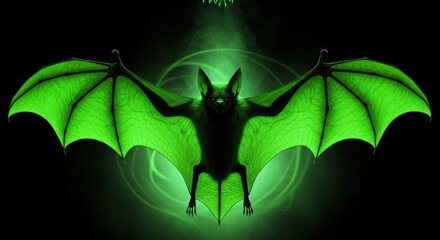 Glowing green bat with outstretched wings and red eyes against a dark spooky background