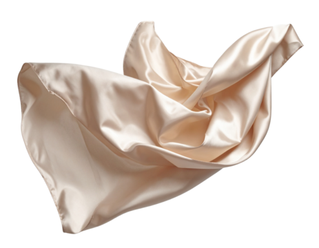 Flowing Beige Silk Fabric in Mid-Air, Soft Curves, Isolated on White