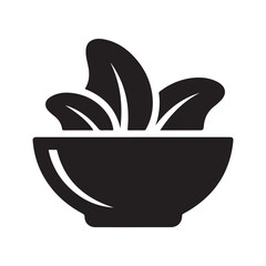Flat Vector Icon of Salad Bowl with Greens, Minimalist Black Silhouette