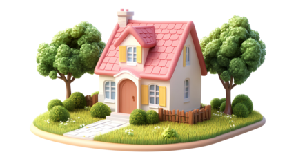 Charming cartoon house with trees and garden isolated on transparent background