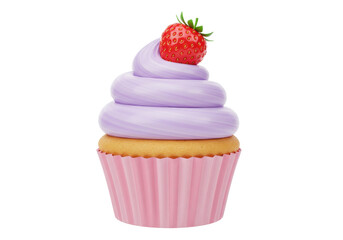 Delicious cupcake with purple frosting and strawberry isolated on transparent background, sweet dessert for birthday party and celebration