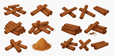 A collection of aromatic cinnamon sticks and a pile of ground cinnamon powder, presented in various arrangements.