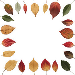 Colorful autumn leaves arranged in a circle isolated on transparent background.