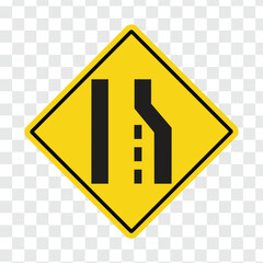 Right lane ends ahead warning road sign transparent