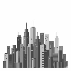 Fototapeta premium Abstract cityscape illustration with a variety of tall buildings in shades of grey and white against a plain white background, representing urban development and city skylines