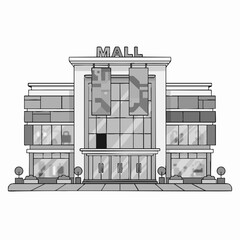 Illustration of a Modern Shopping Mall's Exterior A Day View with Doors, Windows, and Signage
