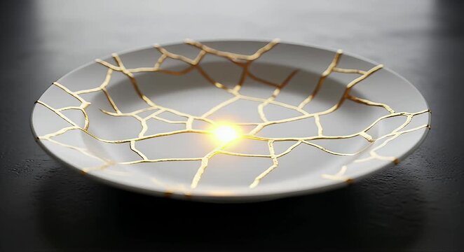 Elegant kintsugi plate showcases beauty in imperfection, symbolizing resilience and renewal with golden repair lines.
