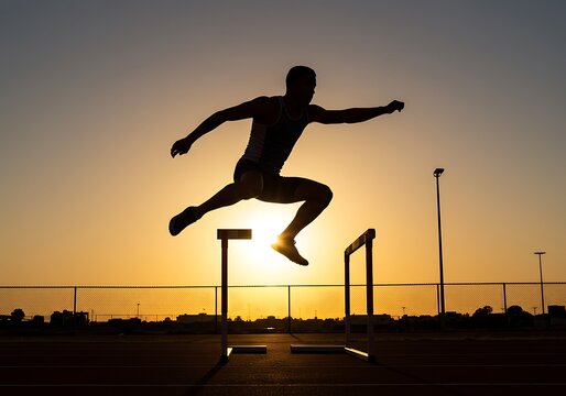 Silhouette of athlete jumping over hurdles at sunset, training for track and field event.