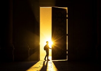 Person standing in doorway with bright light shining through.