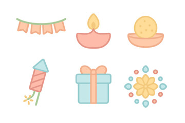 Vibrant festive celebration featuring traditional diya lamp, gift box, firecracker, bunting, and decorative elements