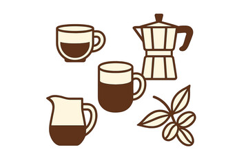 Obraz premium Stylized collection of coffee cups moka pot creamer pitcher and fresh coffee beans for brewing and serving