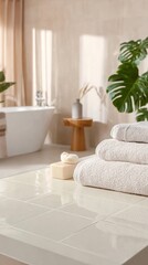 A serene bathroom with a white bathtub, neatly folded towels, and a potted plant, bathed in soft natural light.