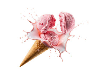 Strawberry ice cream cone with splash isolated on transparent background