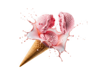 Strawberry ice cream cone with splash isolated on transparent background