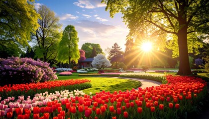 Colorful spring garden at sunset