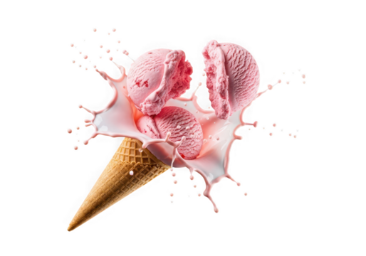 Strawberry ice cream cone with splash isolated on transparent background