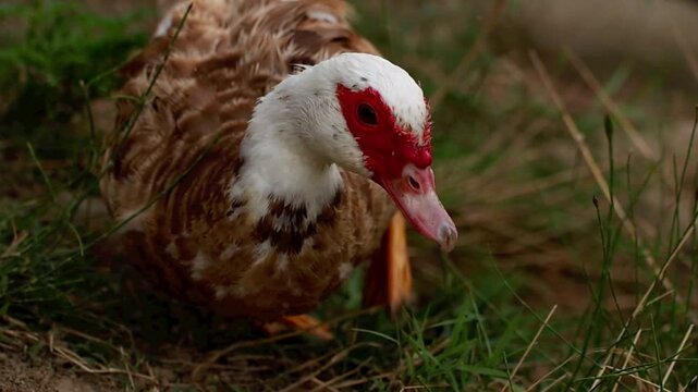 Brown and white Muscovy duck foraging on grass. The duck has a distinctive red facial caruncle and orange legs, showcasing its unique features in a natural setting.