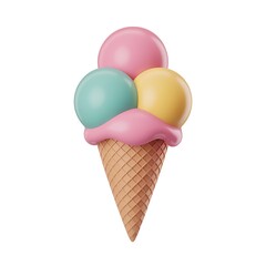 3d rendering of an ice cream cone with three scoops isolated on white background