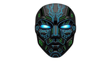 Futuristic mask with glowing blue eyes and circuit board design on a white background.