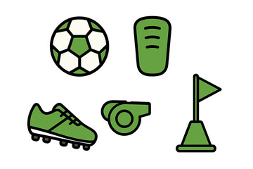 Essential soccer game equipment collection including a ball, cleat, shin guard, whistle, and corner flag