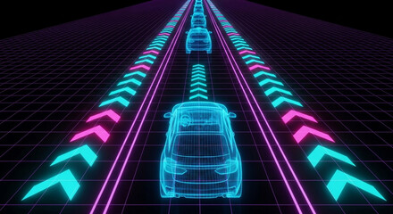 Neon Autonomous Car on Grid Highway - Future Transportation