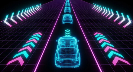 Futuristic Neon Car on Digital Highway - AI Transportation Concept