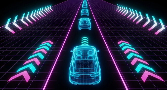 Futuristic Neon Car on Digital Highway - AI Transportation Concept