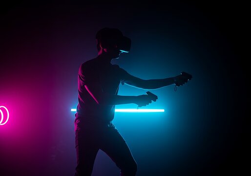 Person in VR headset with controllers in a dark room with neon lights.