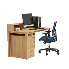 Modern Home Office Setup Computer Desk with Blue Ergonomic Chair Isolated Style Workspace on transparent background