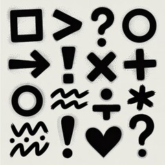 Collection of black math symbols and punctuation marks with textured edges on a white background