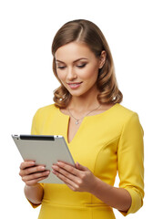 Young business woman holding a tablet and smiling isolated on white or transparent background