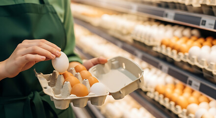 A supermarket employee carefully checking the quality of fresh chicken eggs in a cardboard carton