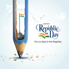 Republic Day of India celebration creative concept. Tricolor flag Pencil background. Template poster design