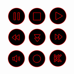 Icon set black and white isolated media player control buttons play, pause, stop, record, volume, mute
