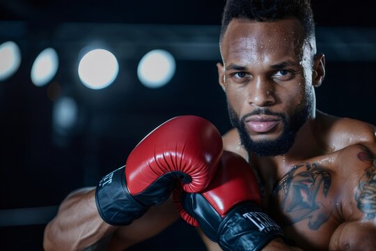 Man boxer portrait wearing red boxing gloves