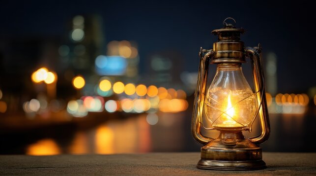A vintage lantern with a glowing flame against a cityscape backdrop.