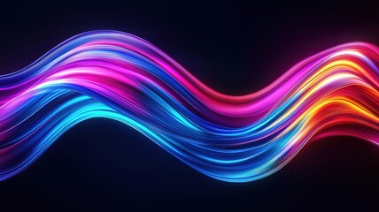 3D render of colorful neon light wave lines on black background, abstract glowing design element
