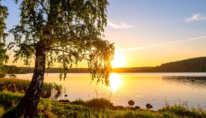 Lake scene with birch tree and sun reflecting on water at golden hour