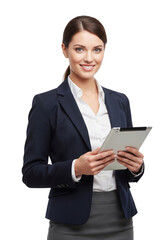 Young business woman holding a tablet and smiling isolated on white or transparent background