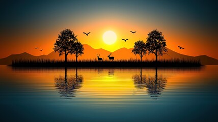 3D wallpaper of dark blue and gold landscape with trees, mountains, deer, birds and lake in paper-cut style
